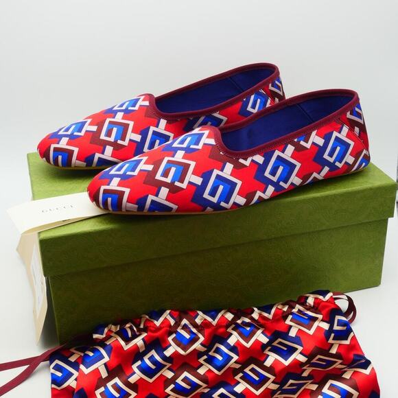 Gucci Other - NEW Gucci Men's 12 Red Blue Geometric G Print Satin Smoking Slippers + DustBag